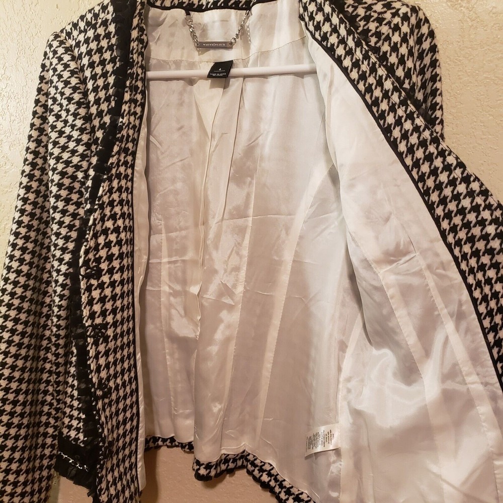 White House Black Market Houndstooth Blazer Chain Trim Hook Closure Size 4 - Picture 8 of 11